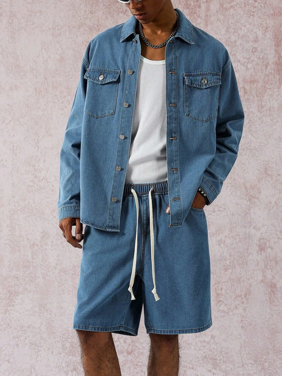 Manfinity EMRG Men's Casual Washed Denim Jacket And Shorts Set, Fall - Blue - View 1