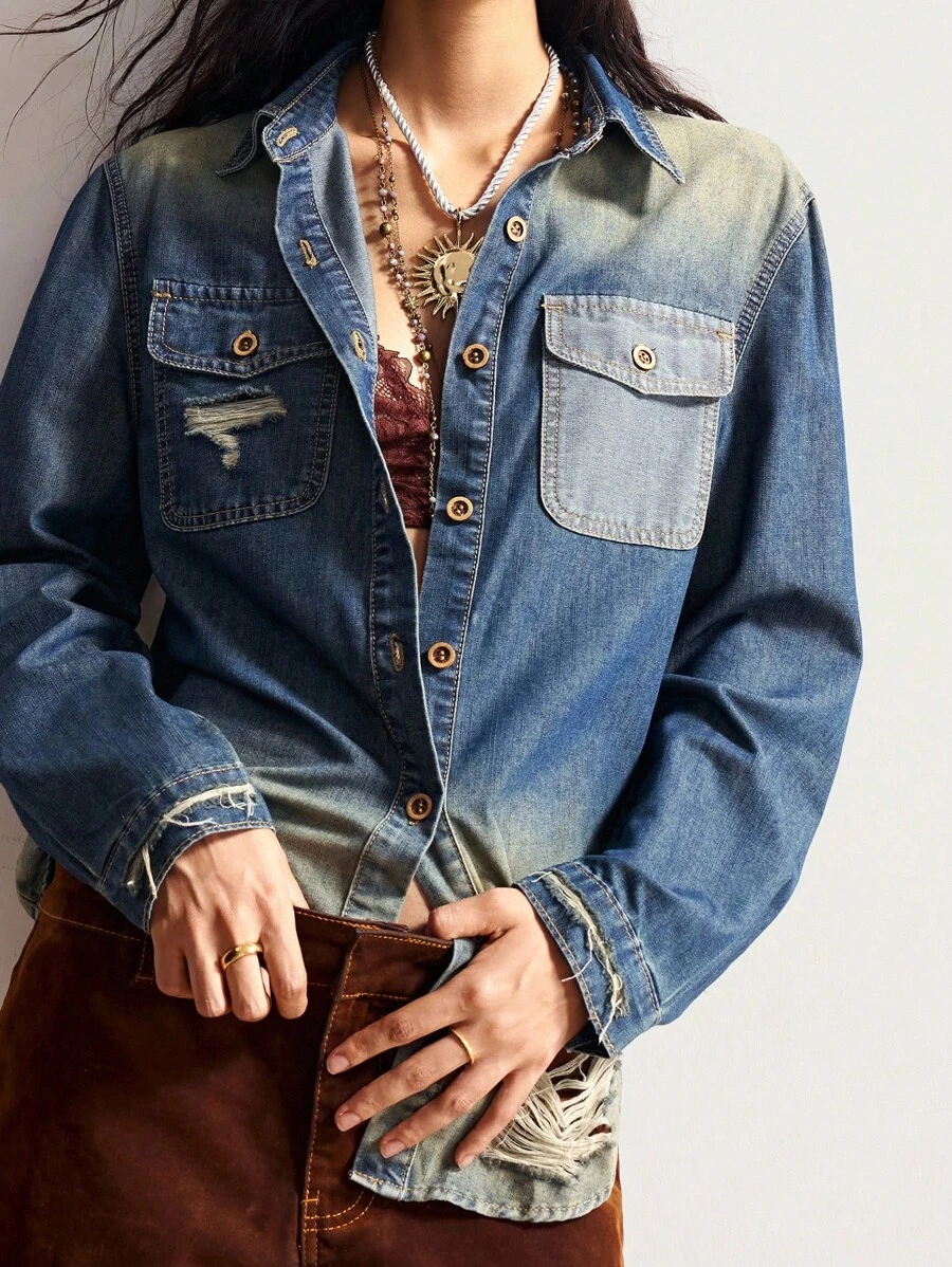 Bohemela 波西米亚风做旧牛仔夹克，适合音乐节、万圣节、秋冬季外套穿着，女士秋季夹克 - 藍色 - 查看 1