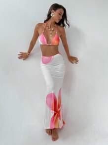 Aloruh Conjunto de top corto con escote halter y falda larga con estampado floral para vacaciones de mujer - Rosa - Ver 7