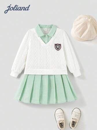 Joliand 1 pièce Robe verte rayée 2 en 1 à col en V côtelé blanche, élégante et décontractée, polyvalente, convenant aux sorties, aux rassemblements, à la rentrée scolaire, tenue scolaire d'automne/hiver pour fillette, ensemble de robe plissée vert menthe pour enfants, vêtements scolaires pour filles, ensemble de tenues pour jeunes filles, vêtements de rentrée scolaire pour jeunes filles, ensembles de vêtements pour jeunes filles, tenues de fillette pour la rentrée scolaire