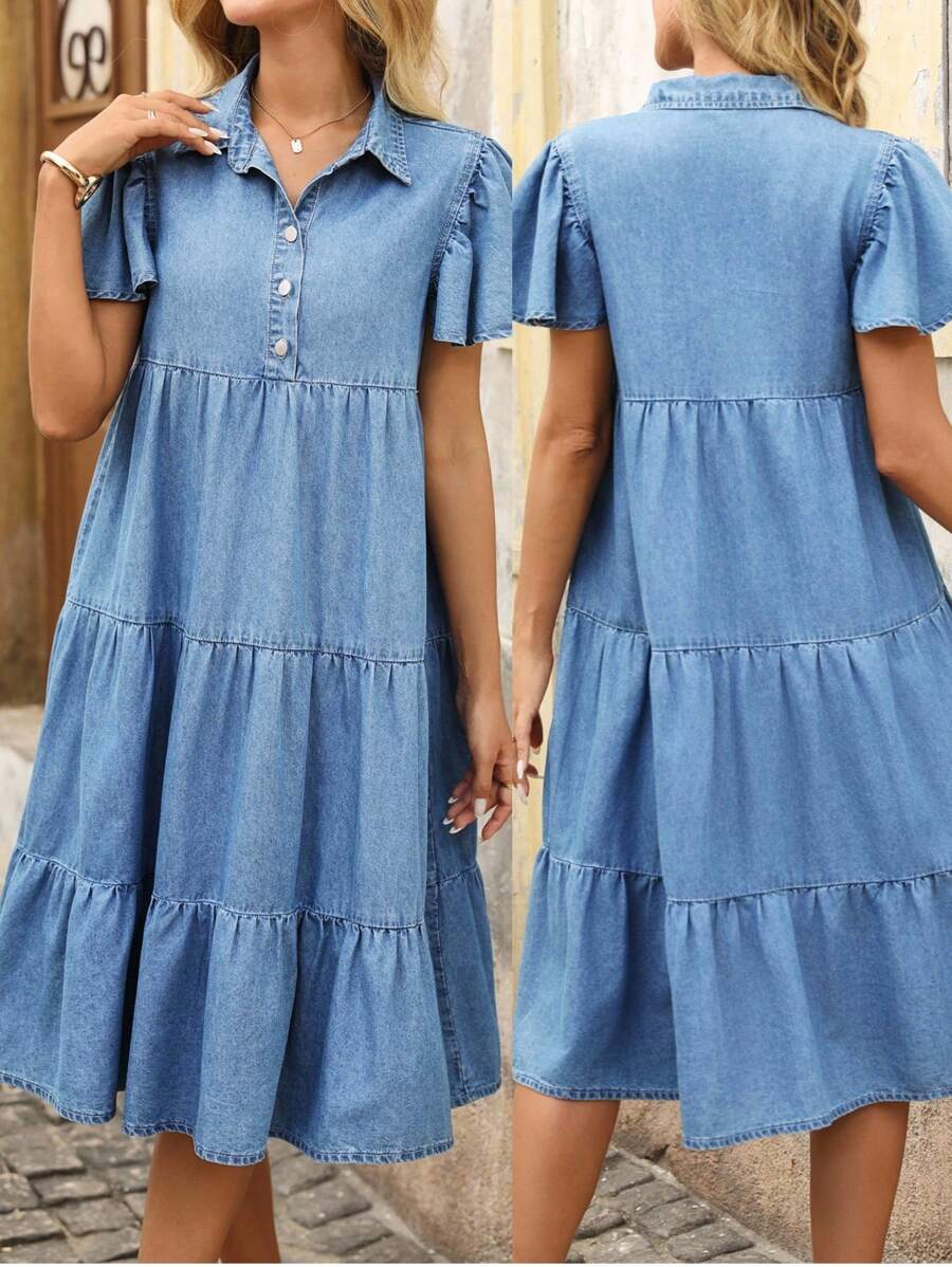 EMERY ROSE Women's Casual Flutter Sleeve Tiered Hem Denim Dress, Summer - Medium Wash - View 1