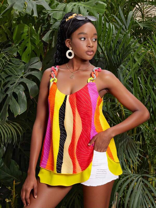 SHEIN Teen Girl Chiffon Printed Chain Decor Strap Loose Blouse