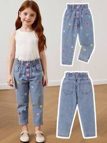 SHEIN 女孩休闲舒适柔软水洗彩色刺绣花卉腰哈伦裤，时尚假日/街头风，轻盈夏季 - 中等水洗藍 - 查看 3