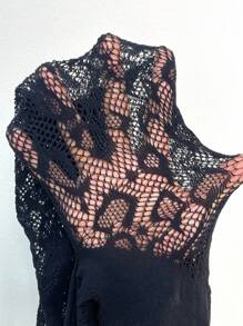 Slaydiva 2 件套黑色镂空针织渔网无袖性感紧身衣短款上衣 + 罩衫，适合女士，夏季休闲分层装