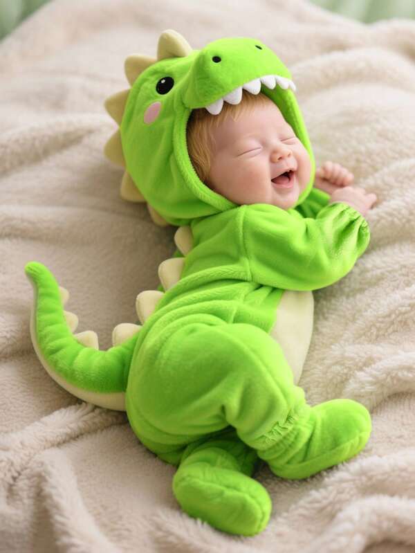 SHEIN Persoplay Kids Enterizo con mangas largas y pantalones de dinosaurio de peluche 3D lindo para recién nacidos