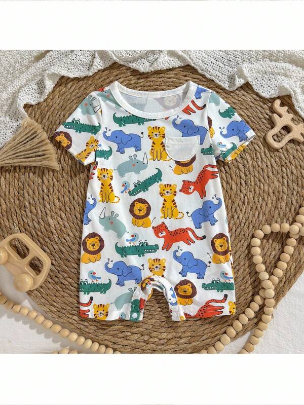 Loomiva Baby Boy Cartoon Animal Print Knitted Soft Round Neck Short Sleeve Romper
