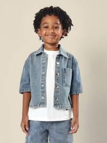 SUMWON 夏季棉质牛仔夹克短袖宽松校队字母印花队服休闲街头装领扣男童儿童青少年时尚 - 藍色 - 查看 2