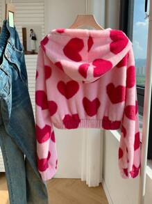 Comfortcana Plus Size Heart Print Hooded Jacket, Casual For Spring/Autumn,Fall Clothes For Women Winter - Pink - View 2