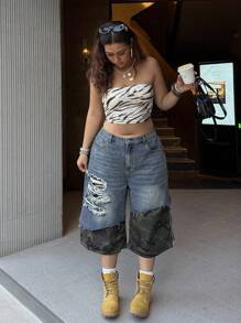 Slaydiva Plus Size Camouflage Patchwork Distressed 3/4 Length Jeans - Black - View 6