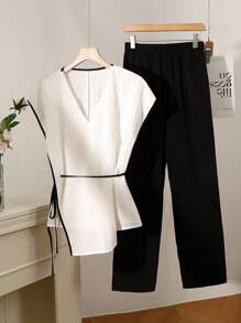 Lacomfia Plus Size Women's V-Neck Tie Strap Short Sleeve Shirt & Pants 2 Pieces Set - White - View 1