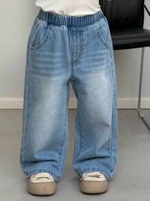 Dazy Kids 男童宽松直筒百搭牛仔裤，适合秋季穿着 - 中等水洗藍 - 查看 5