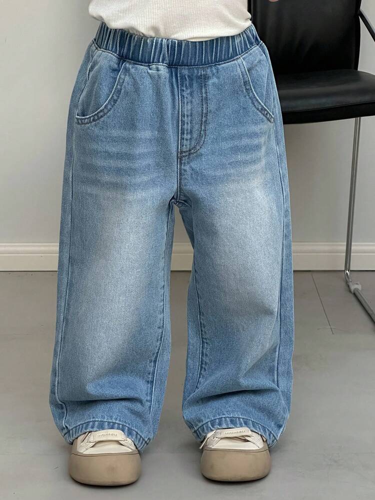 Dazy Kids 男童宽松直筒百搭牛仔裤，适合秋季穿着 - 中等水洗藍 - 查看 5