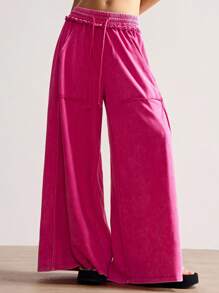 Bohemela 休闲针织雪洗纯色拼接宽松阔腿女裤 粉色裤子 女士亮粉色裤子 带口袋裤子 松紧腰裤子 阔腿裤 - 粉色 - 查看 3