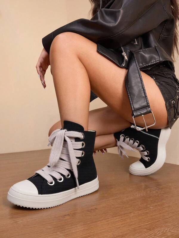 Daringsoles Botas altas con cordones de lona para mujer de talla grande, botas cortas casuales de suela gruesa negra para otoño/invierno