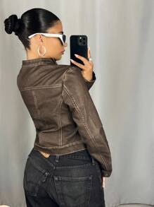 SHEIN ICON Women's Zip Front Stand Collar Fashion PU Leather Long Sleeve Jacket Fall Women Clothes