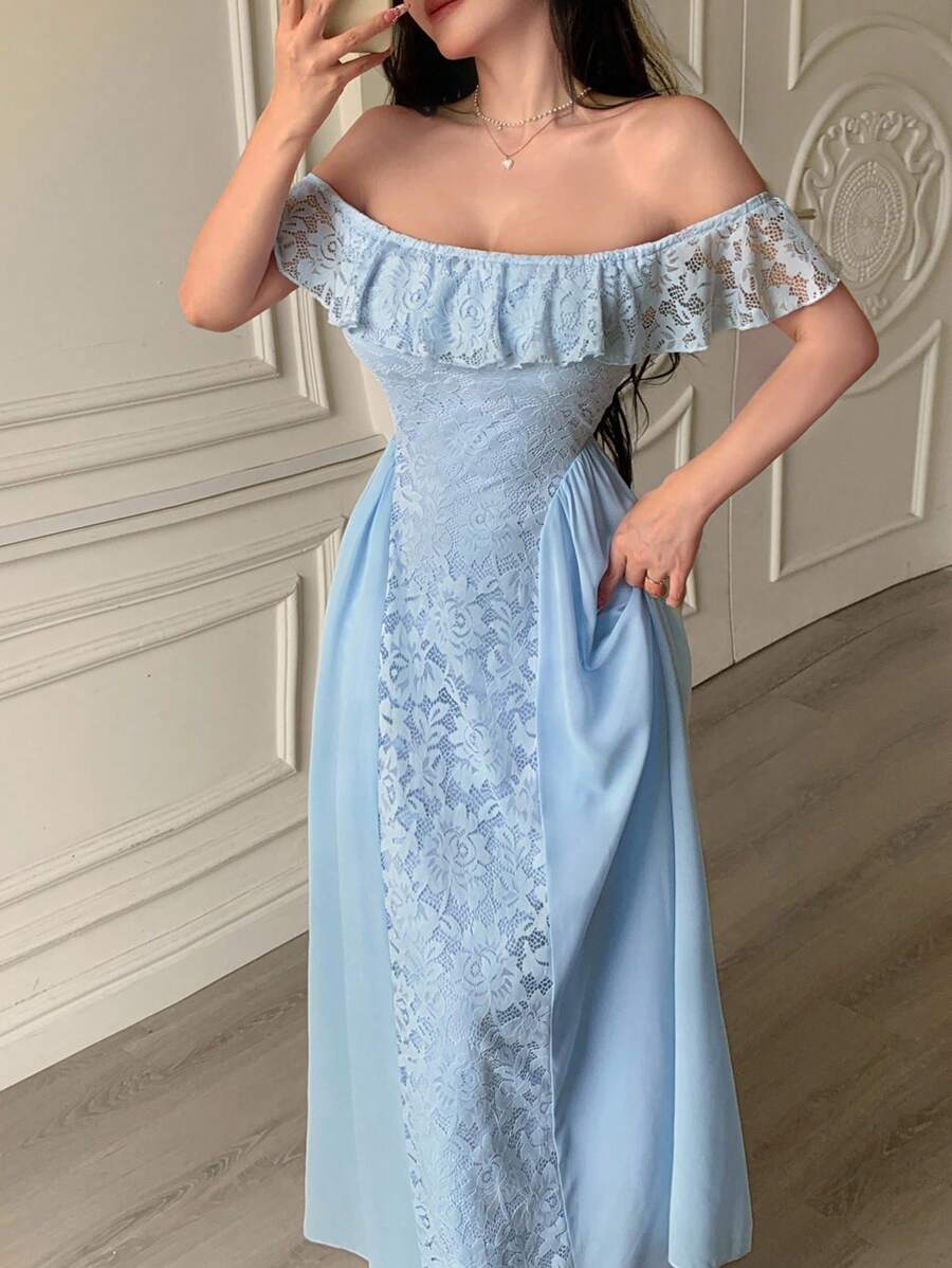 Modelyn Damen Chiffon Kleid mit Spitzeneinsätzen, carmen-Ausschnitt und geschmückter Taille für den Sommer