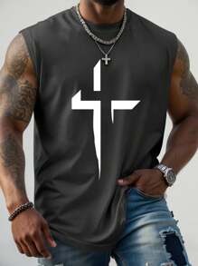 Manfinity LEGND Plus Size Men's Geometric Printed Round Neck Casual Tank Top, Summer - Dark Grey - View 1