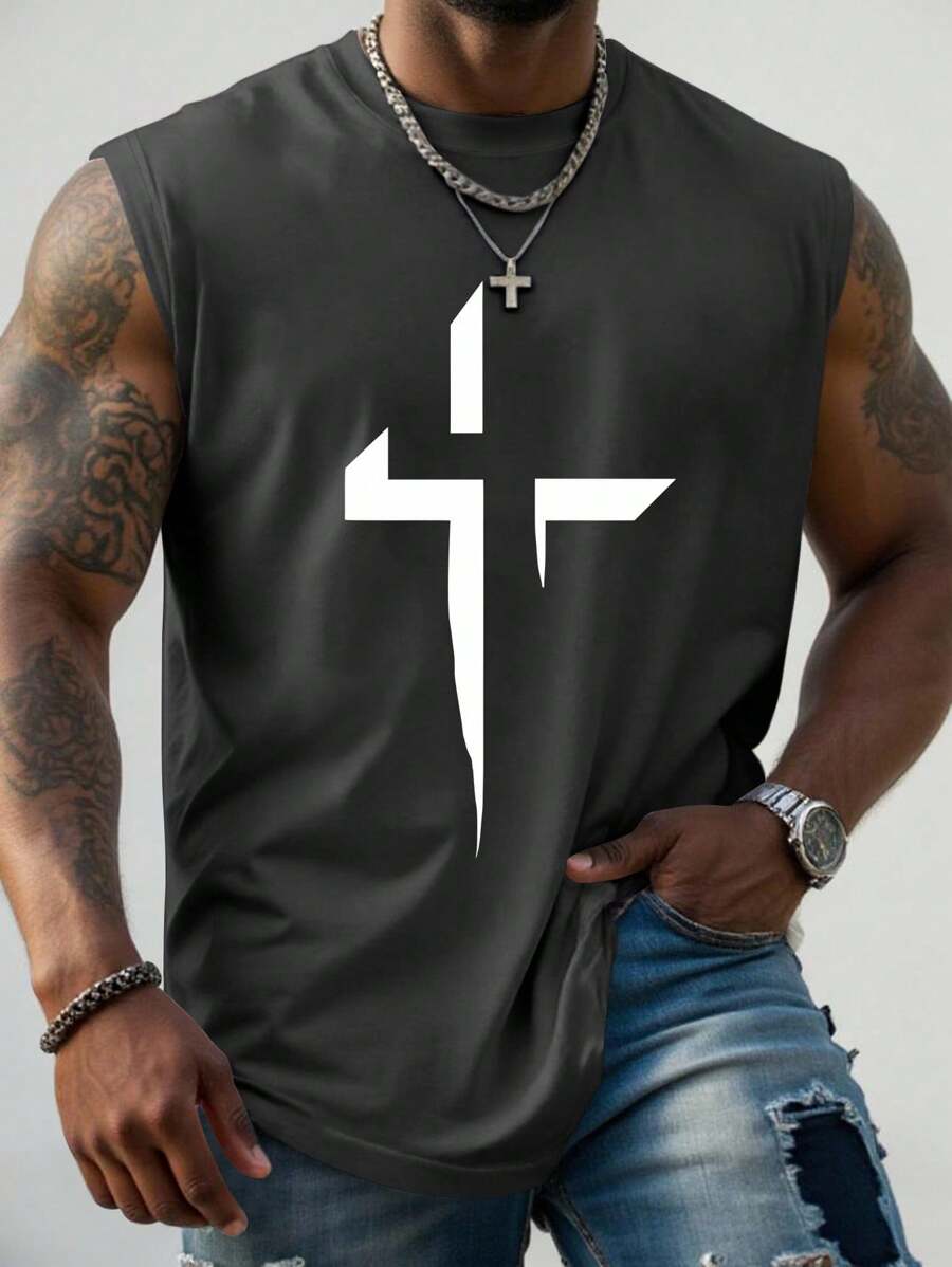 Manfinity LEGND Plus Size Men's Geometric Printed Round Neck Casual Tank Top, Summer - Dark Grey - View 1