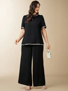 EMERY ROSE Plus Size Black Summer Elegant Formal Evening Wedding 2 Pieces Set, Sequin Ribbon Lantern Sleeve Blouse & Cinched Waist Baggy Pants Party Ladies Outfits - Black - View 4