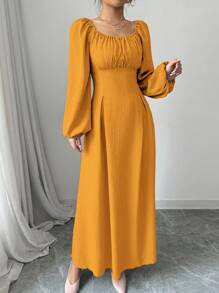 Modelyn Women's Elegant Long Dress With Square Neck, Lantern Sleeves, Pleats, And Back Tie, Solid Color, For Autumn Maxi Women Outfit Long Evening Dresses