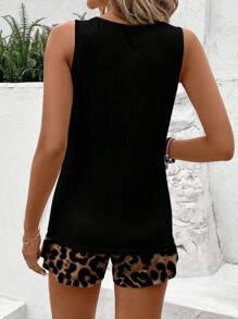 EMERY ROSE Bộ 2 món phong cách tối giản thường ngày, màu đen trơn, cỡ lớn dành cho nữ, gồm áo tank top cổ tròn và quần short họa tiết da báo màu nâu, thích hợp cho mùa hè. - màu đen - Xem 4