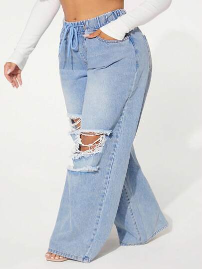 SHEIN CURVE+ Plus Size Women Casual Loose Fit Ripped Elastic Waist Tie Denim Wide Leg Jeans