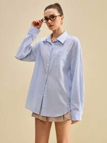 Muvela 2025 秋季新款休闲时尚百搭简约日常蓝色条纹 Y2K 乡村音乐复古街头休闲办公室约会派对郊游机场返校秋季女衬衫 - 彩色 - 查看 3