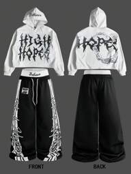 Manfinity EMRG Men's Street-Style INS Popular Dark Element Print Hoodie Sweatshirt & Wide-Leg Pants Set, Boyfriend/Husband Casual Outfit Gift For Anniversary/Memorial Day