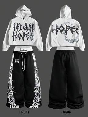 Manfinity EMRG Men's Street-Style INS Popular Dark Element Print Hoodie Sweatshirt & Wide-Leg Pants Set, Boyfriend/Husband Casual Outfit Gift For Anniversary/Memorial Day