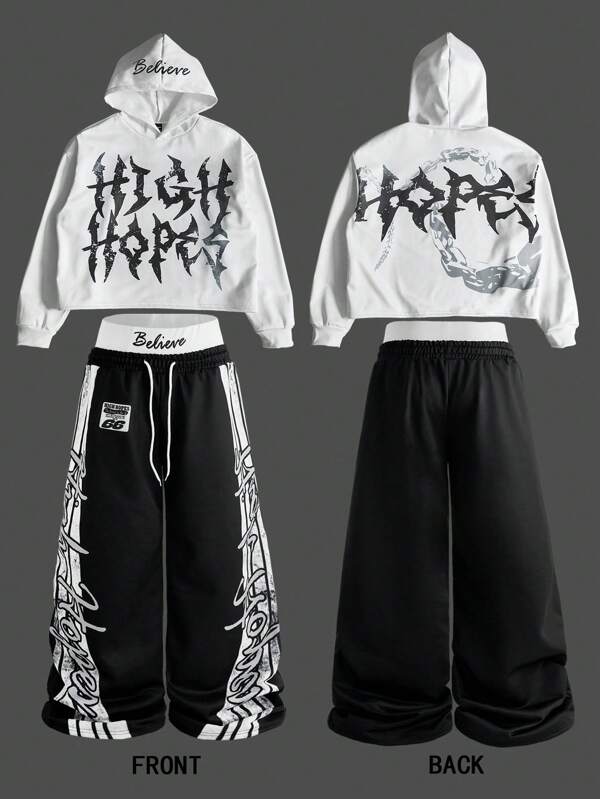 Manfinity EMRG Men's Street-Style INS Popular Dark Element Print Hoodie Sweatshirt & Wide-Leg Pants Set, Boyfriend/Husband Casual Outfit Gift For Anniversary/Memorial Day