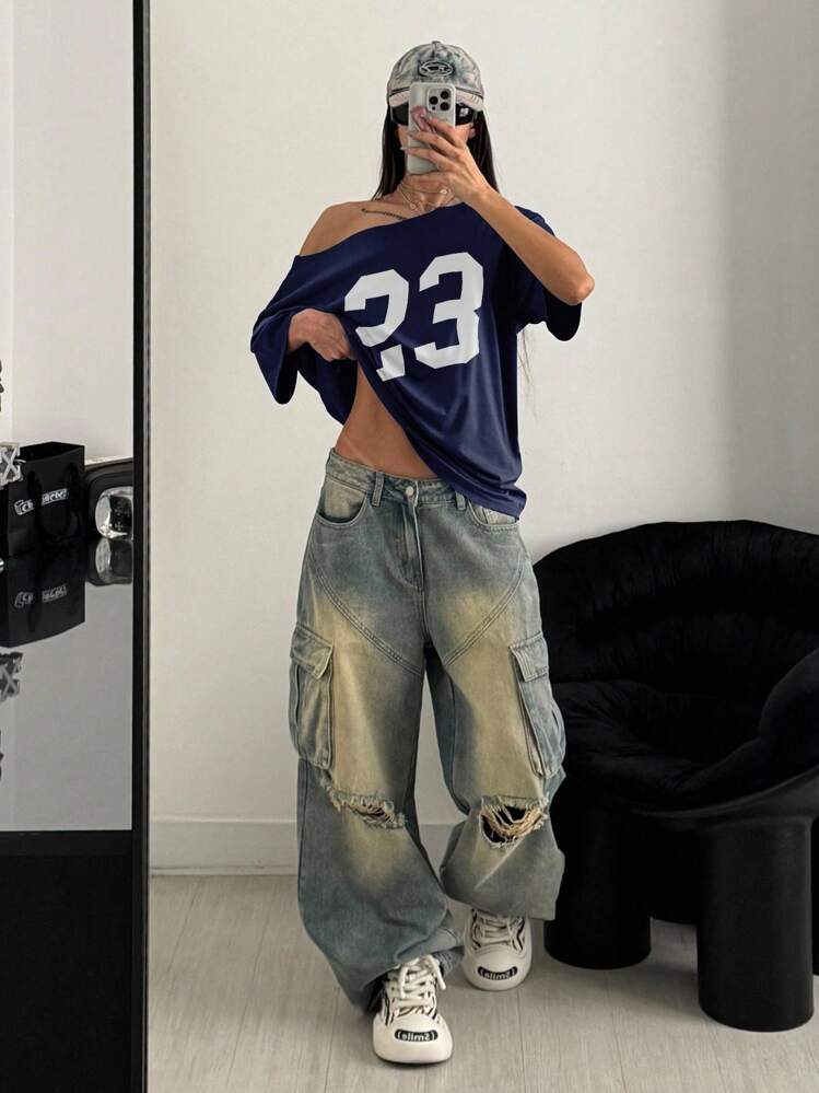 SHEIN HypeZone Plus Size Loose 23 Graphic Oblique Shoulder T-Shirt Graphic Tees Women Tops - Navy Blue - View 3