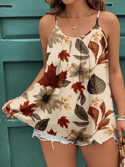 EMERY ROSE Camiseta de tirantes con estampado de hojas de otoño de talla grande, de estilo minimalista y elegante para vacaciones, adecuada para salir, top de verano para mujeres