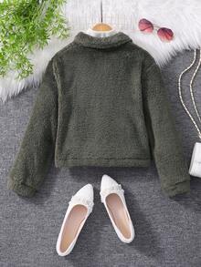 Solid Color Long Sleeve Collar Faux Fur Jacket For Tween Girl Fall Winter - Army Green - View 2
