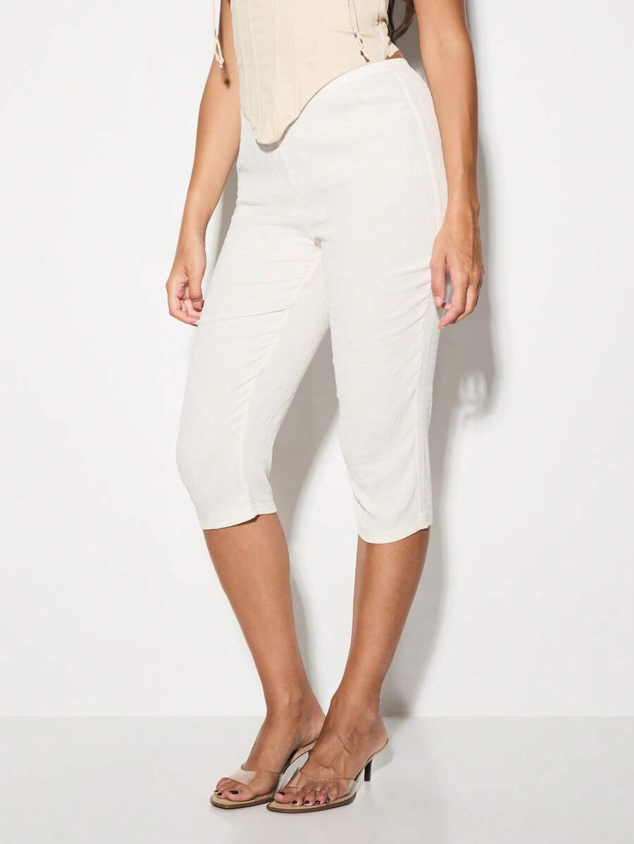 KIZN 短款七分紧身裤芭蕾工作室练习高腰纹理女性修身夏季裤装 - 杏色 - 查看 1