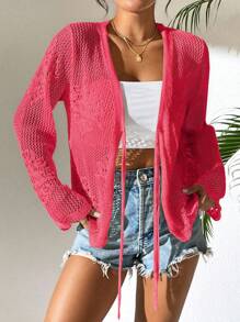 Breezaya Áo len cardigan dệt kim màu trơn đơn giản cho kỳ nghỉ - Màu Hồng  Dưa hấu - Xem 5