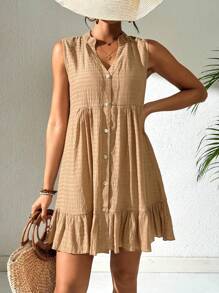 Swim Vcay 女式夏季海滩无袖 V 领纽扣式贝壳边荷叶边下摆度假连衣裙