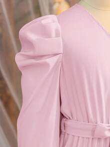 SHEIN 青少年女孩休闲泡泡袖V领褶裥长裙 - 淺粉色 - 查看 6