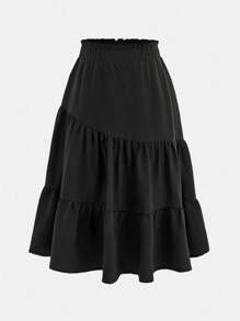 SHEIN Girlism Tween Girl 平纹宽松休闲亚麻褶裥长裙，度假风格 - 黑色 - 查看 1