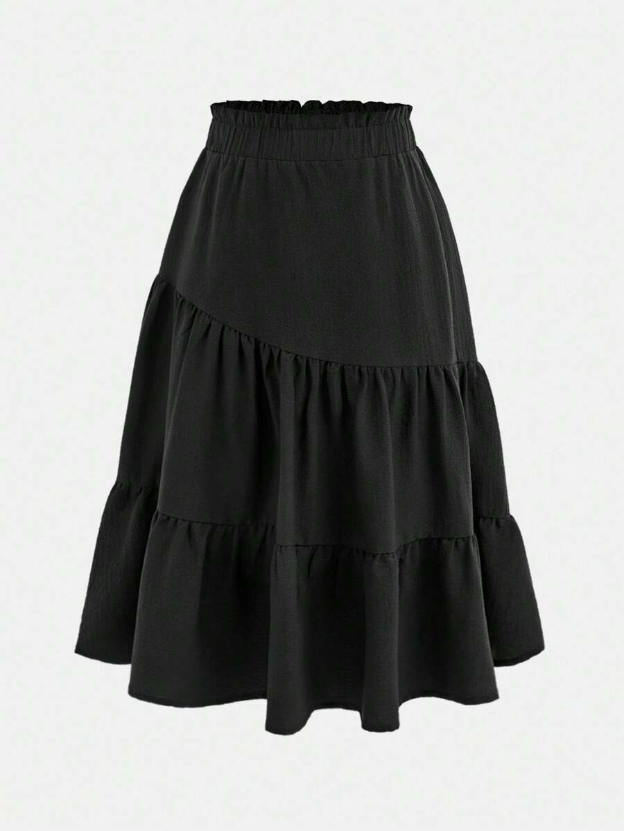 SHEIN Girlism Tween Girl 平纹宽松休闲亚麻褶裥长裙，度假风格 - 黑色 - 查看 1