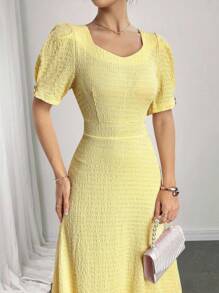 Modelyn Elegante vestido de punto midi amarillo - Amarillo - Ver 3
