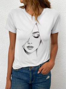 Calvaya Plus-Size Women's Casual Series Facial Printed Short-Sleeved Round-Neck T-Shirts, Spring And Summer