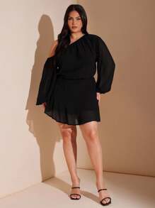 SHEIN BAE Plus Size Solid Black Chiffon Asymmetric Asymmetric Neck Loose Lantern Sleeve Short Mini Dress For Women, Holiday Chiffon Dress,Fall Women Clothes,School Clothes,Y2k Clothes,Country Outfits Women,Vintage Clothes Women,Festival Outfits Women,Wedding Guest Dress Curve,Summer Outfits For Women,Formal Dresses For Women,Birthday Women Outfits,Black Dress/ Black Mini Dress/ Long Sleeve Mini Dress/ Flowy Mini Dress/ Black Vacation Dress