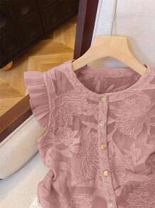 SHEIN Frenchy Blusa de moda con cuello redondo, manga corta y abotonadura sencilla, en tejido jacquard con estampado floral