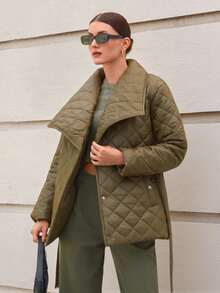 CLARA VERO Women Solid Color Padded Style Belted And Pocket Detailed Winter Coats - Khaki - View 6