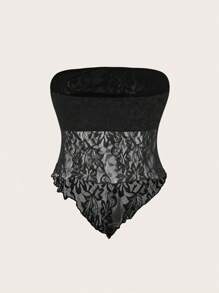 SHEIN EZwear 女士性感休闲蕾丝面料不对称下摆紧身抹胸上衣，蝴蝶刺绣 - 黑色 - 查看 2