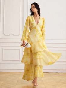 GENKIRA Váy xòe nhiều lớp in họa tiết hoa lớn mới cho mùa xuân/hè - Màu vàng - Xem 5