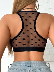 SHEIN 1pc Fashionable Casual Solid Color Heart Net Splice Ribbed Front Button Gather Wireless Bra Bra For Women - Black - View 2