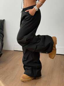 Coolane 女士夏季运动装街头服饰外出简约基本款日常装黑色针织筒形工装裤两件套服装