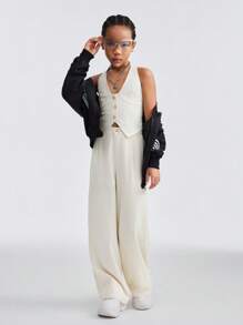 SHEIN Tween Girls Fall/Winter Basic Comfortable Lace Up Beige Top&Wide Leg Pants Sets, Two Pieces Outfits - Apricot - View 3