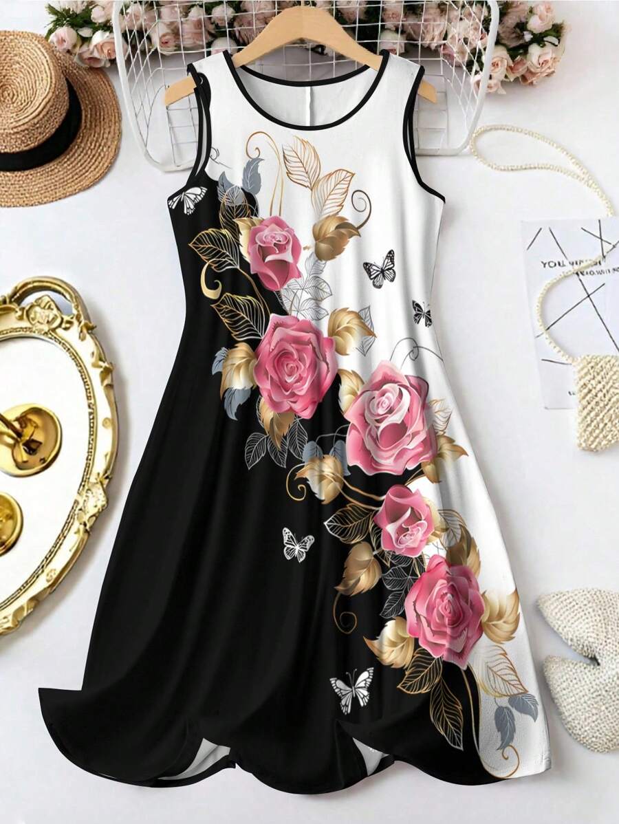 EMERY ROSE Plus Size Women Floral Print Crew Neck Sleeveless Tank Dress - Multicolor - View 1
